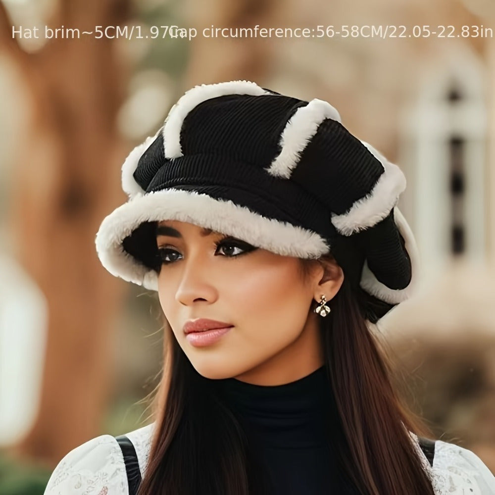 Women'S Packable Cotton Blend Beret, Chic Plush-Lined Octagonal Cap, Elastic Knit Fisherman Hat, with Jacquard Craftsmanship, for Autumn & Winter